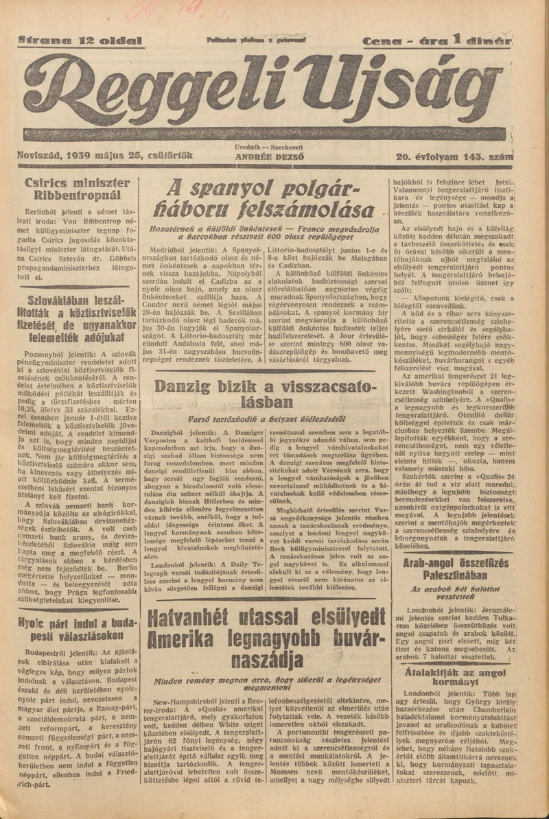 Reggeli Újság, 20. évf. 1939. május 25. 143. sz.
