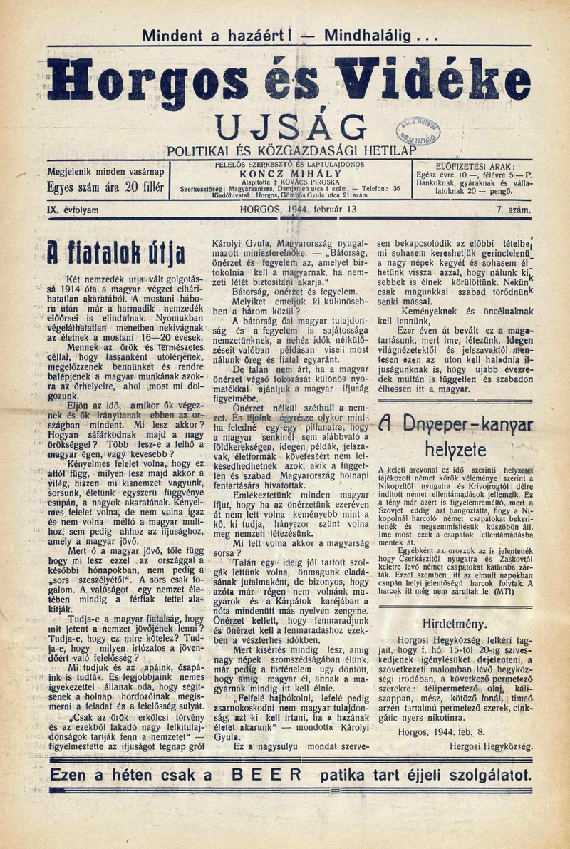 Horgos és vidéke, 9. évf. 1944. február 13. 7. sz.