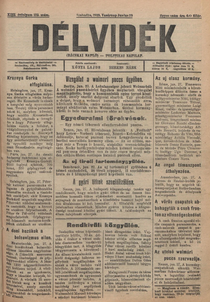 Délvidék, 13. évf. 1919. június 29. 123. sz.