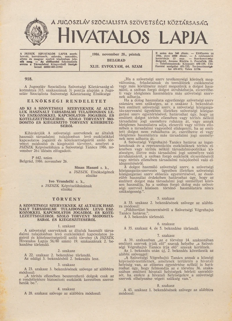 A Jugoszláv Szocialista Szövetségi Köztársaság Hivatalos Lapja, 42. évf. 1986. november 28. 64. sz. 1817–1864. oldal