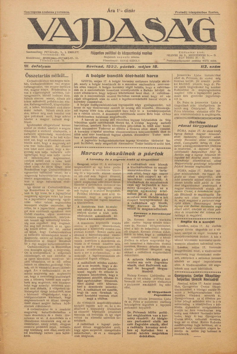 Vajdaság, 3. évf. 1923. május 18. 113. sz.