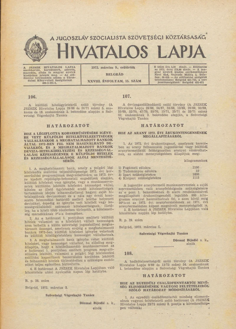 A Jugoszláv Szocialista Szövetségi Köztársaság Hivatalos Lapja, 28. évf. 1972. március 9. 15. sz. 345–348. oldal