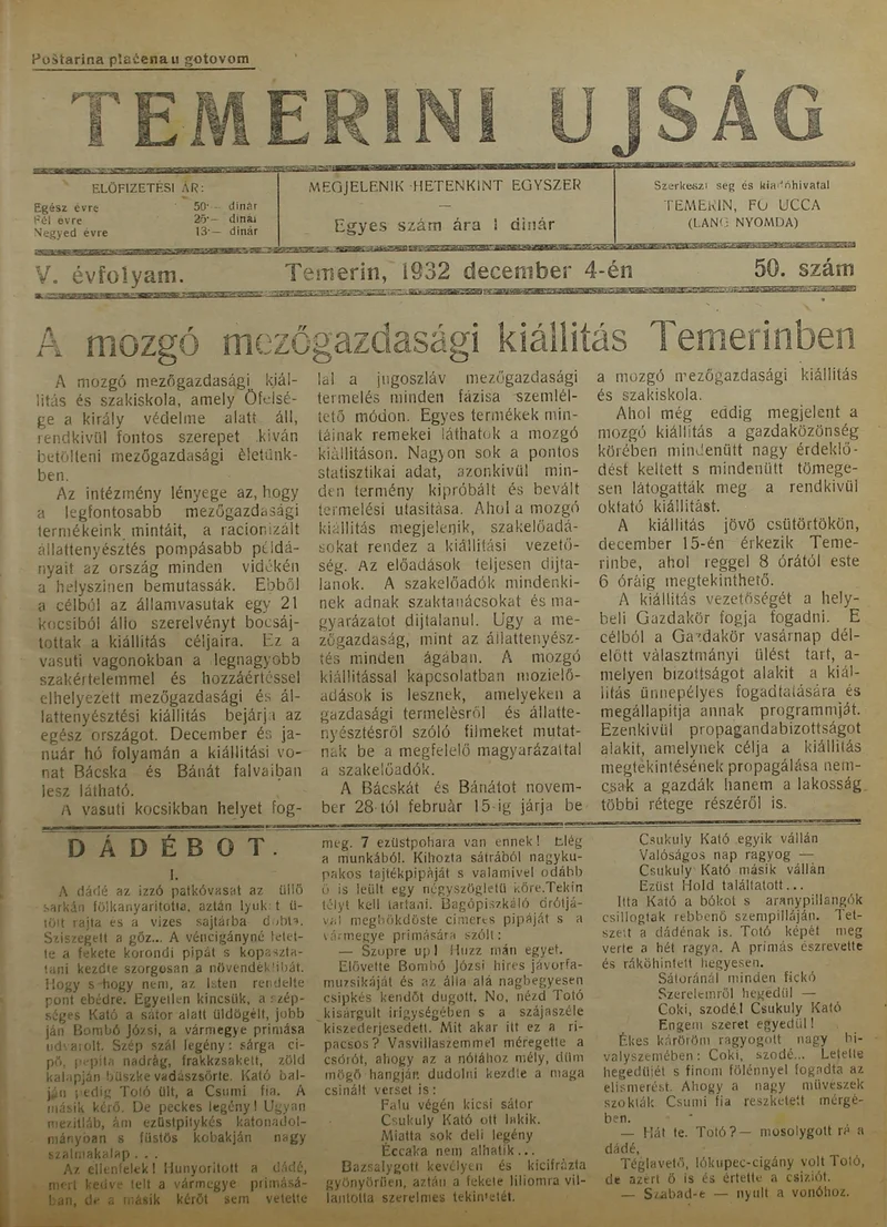 Temerini Újság 1928-1944, 5. évf. 1932. december 4. 50. sz.