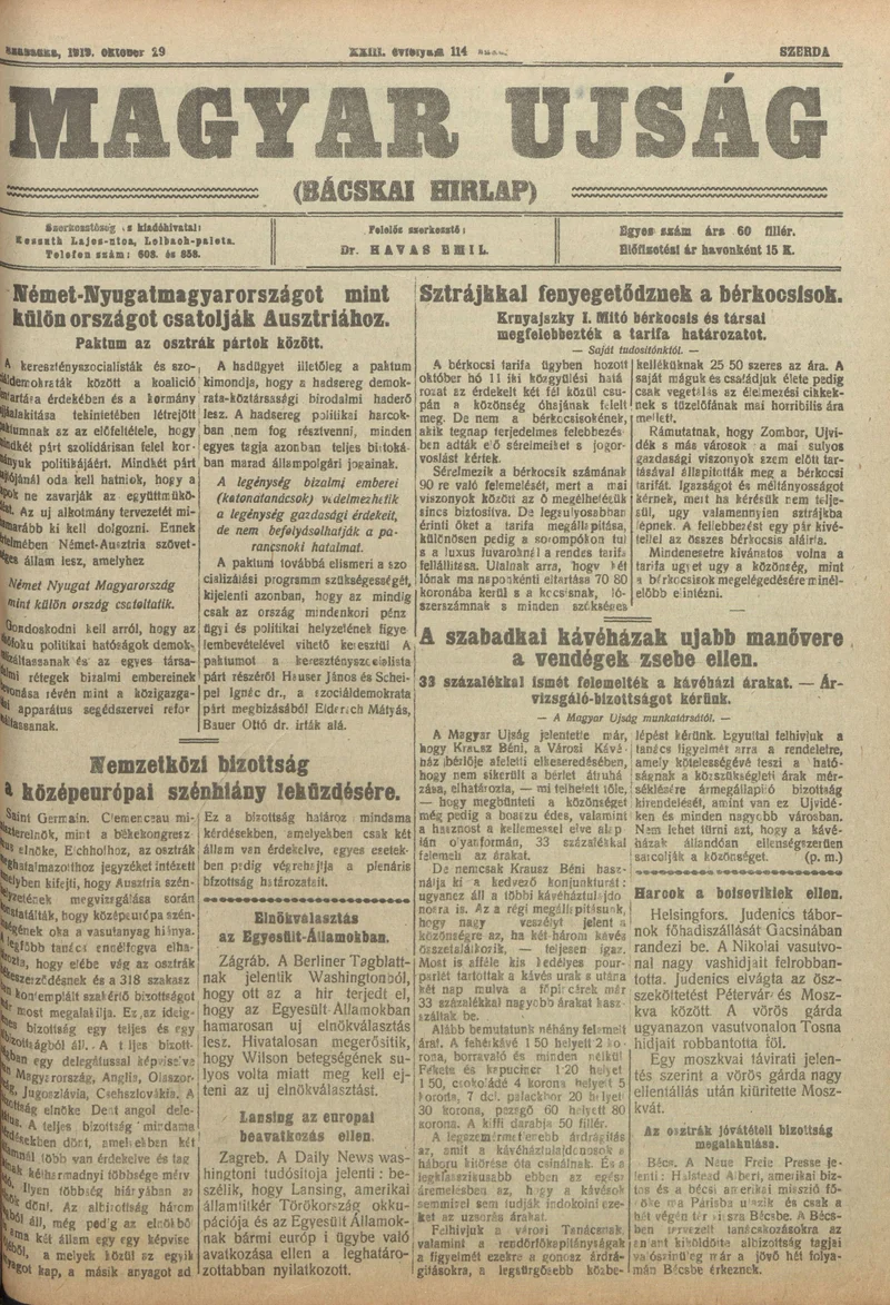 Bácskai Hirlap, 23. évf. 1919. október 29. 114. sz.