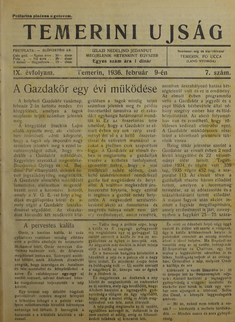 Temerini Újság 1928-1944, 9. évf. 1936. február 9. 7. sz.