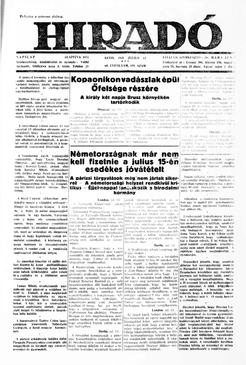 Híradó, 60. évf. 1931. július 14. 159. sz.