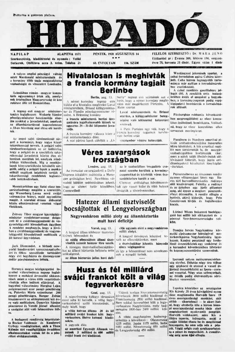 Híradó, 60. évf. 1931. augusztus 14. 186. sz.