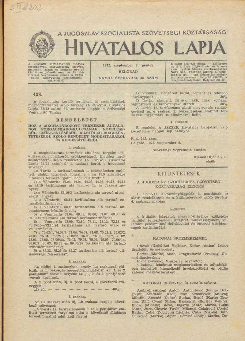 A Jugoszláv Szocialista Szövetségi Köztársaság Hivatalos Lapja, 28. évf. 1972. szeptember 8. 46. sz. 881–884. oldal