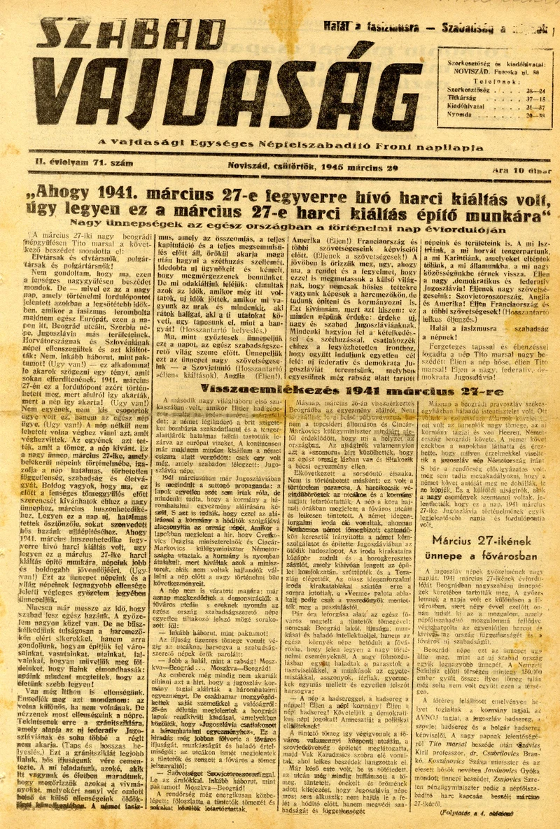 Szabad Vajdaság, 2. évf. 1945. március 29. 71. sz.