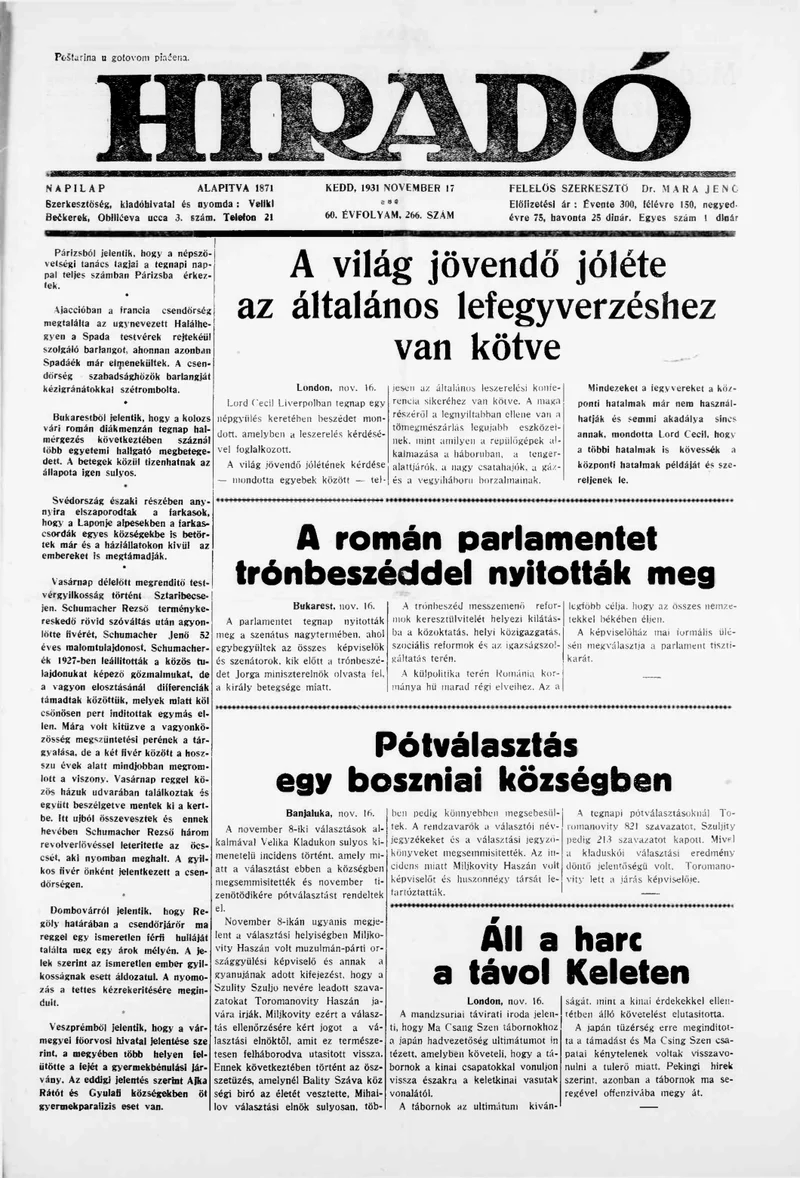 Híradó, 60. évf. 1931. november 17. 266. sz.