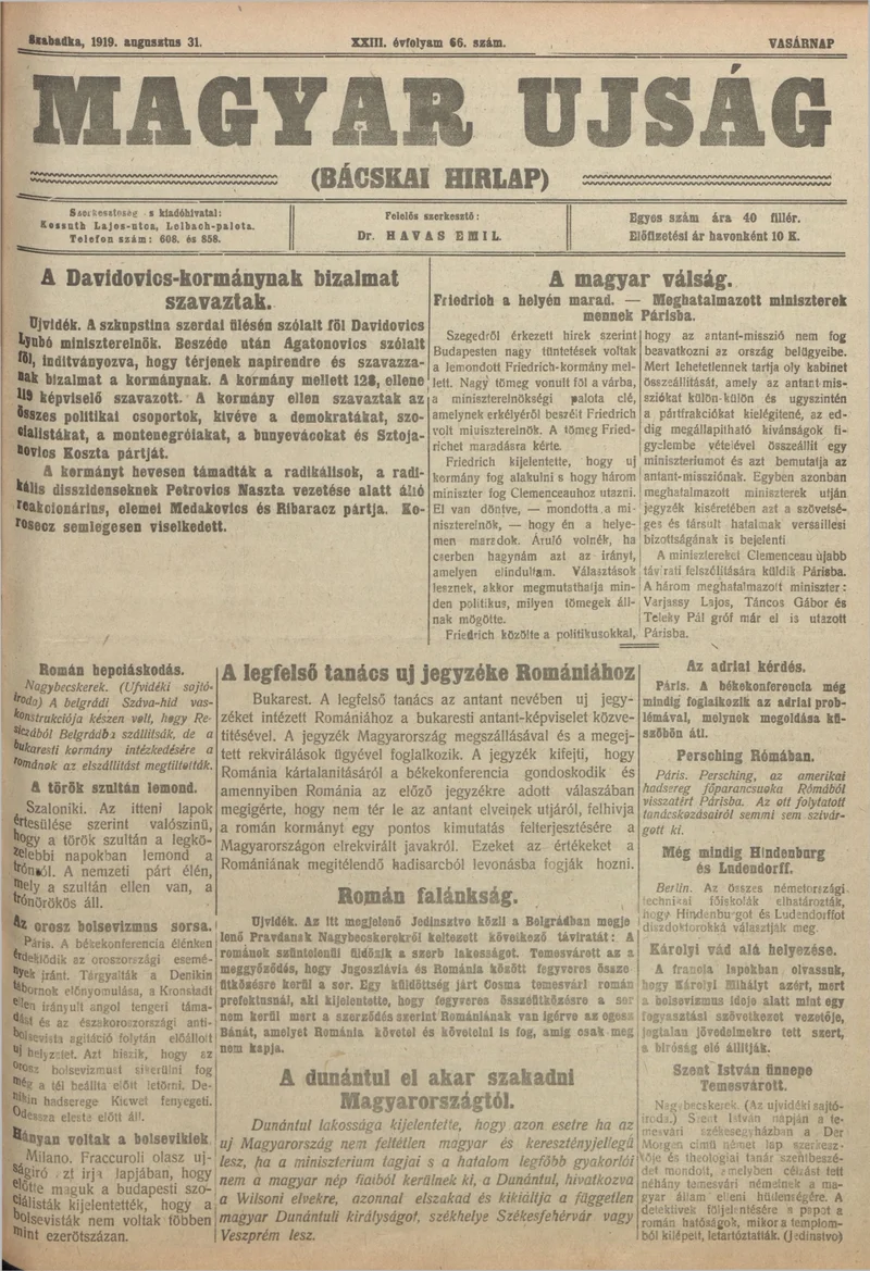 Bácskai Hirlap, 23. évf. 1919. augusztus 31. 66. sz.