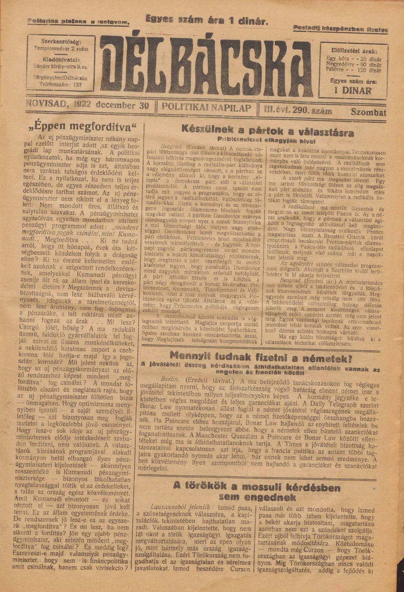 Délbácska, 3. évf. 1922. december 30. 290. sz.