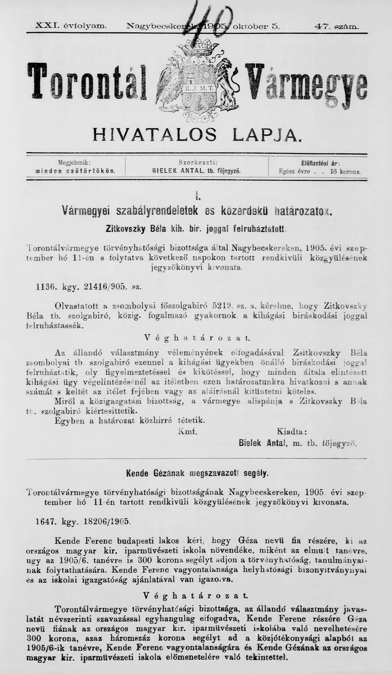 Torontál Vármegye Hivatalos Lapja, 21. évf. 1905. október 5. 47. sz.