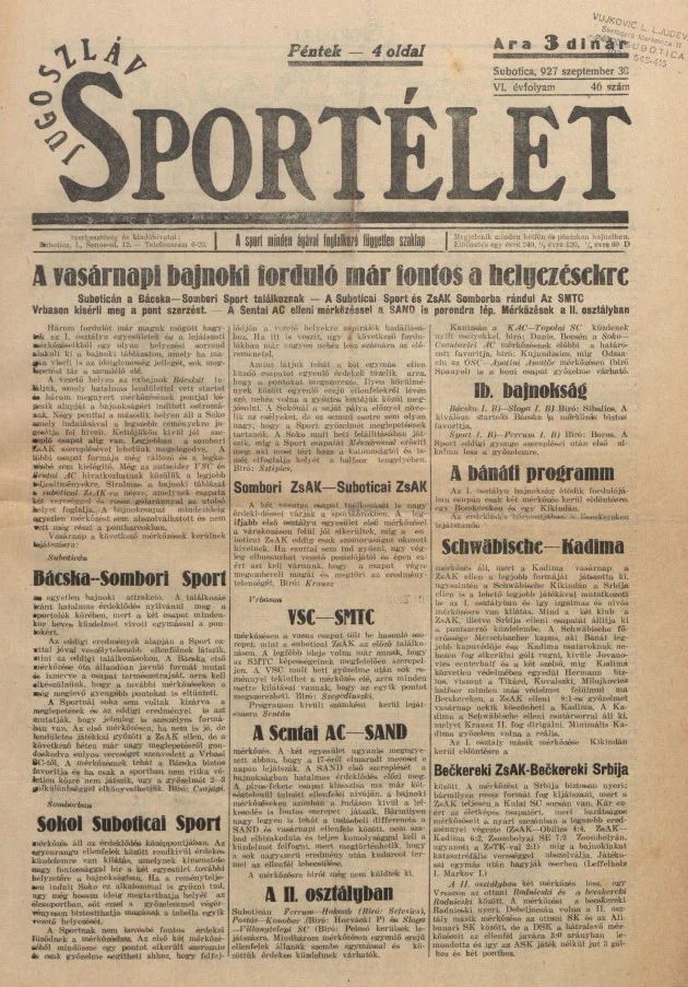 Jugoszláv sportélet, 6. évf. 1927. szeptember 30. 46. sz.