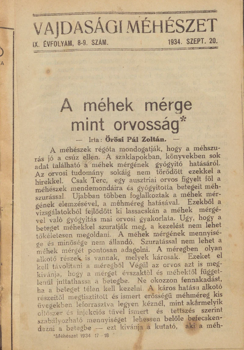 Vajdasági méhészet, 9. évf. 1934. szeptember 20. 8–9. sz.