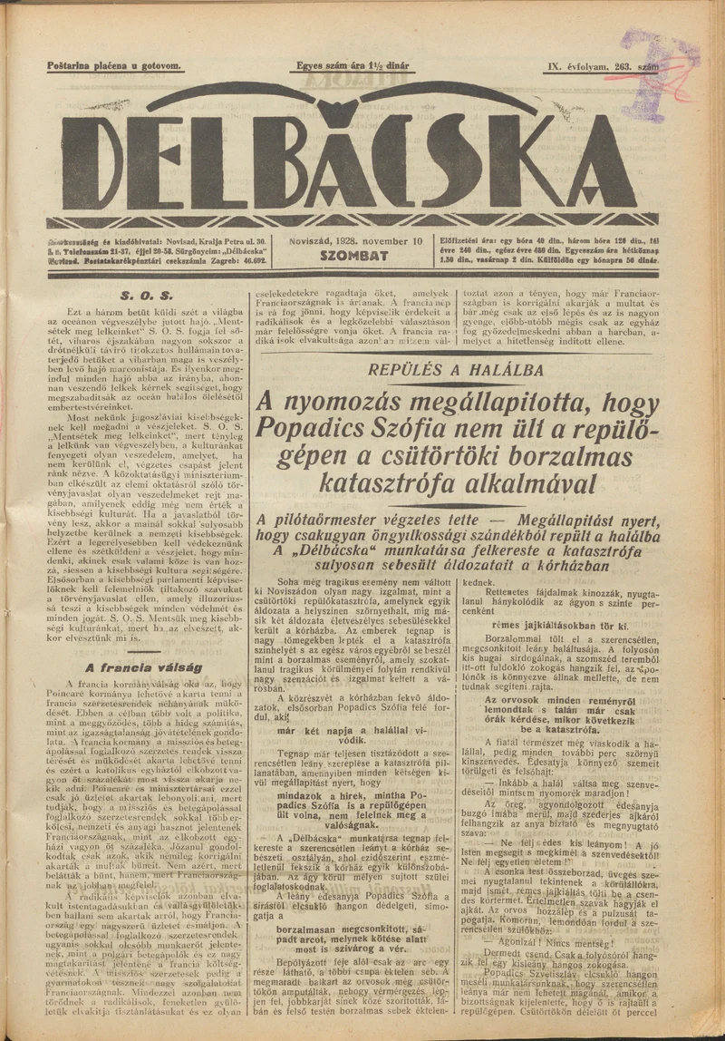Délbácska, 9. évf. 1928. november 10. 263. sz.