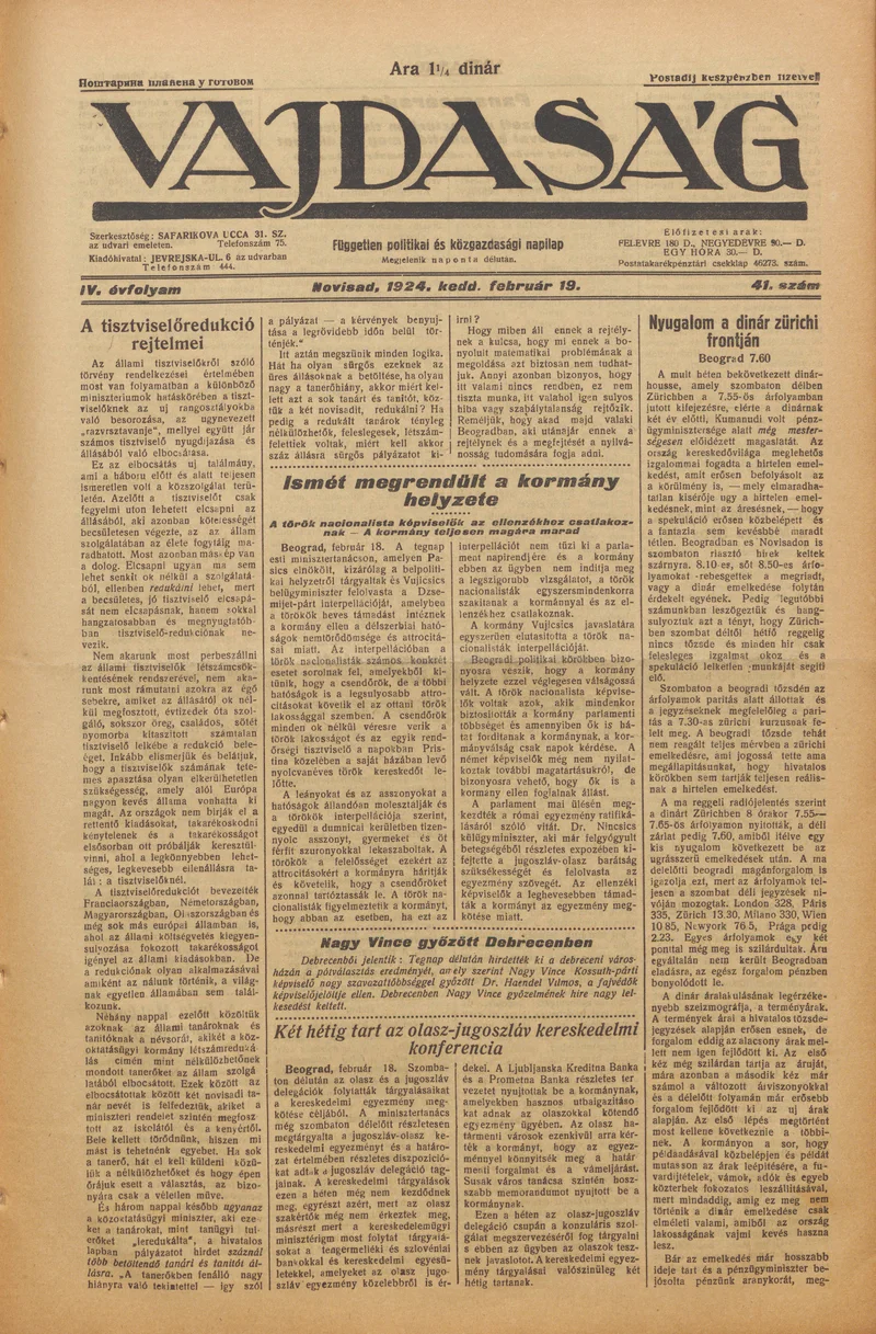Vajdaság, 4. évf. 1924. február 19. 41. sz.