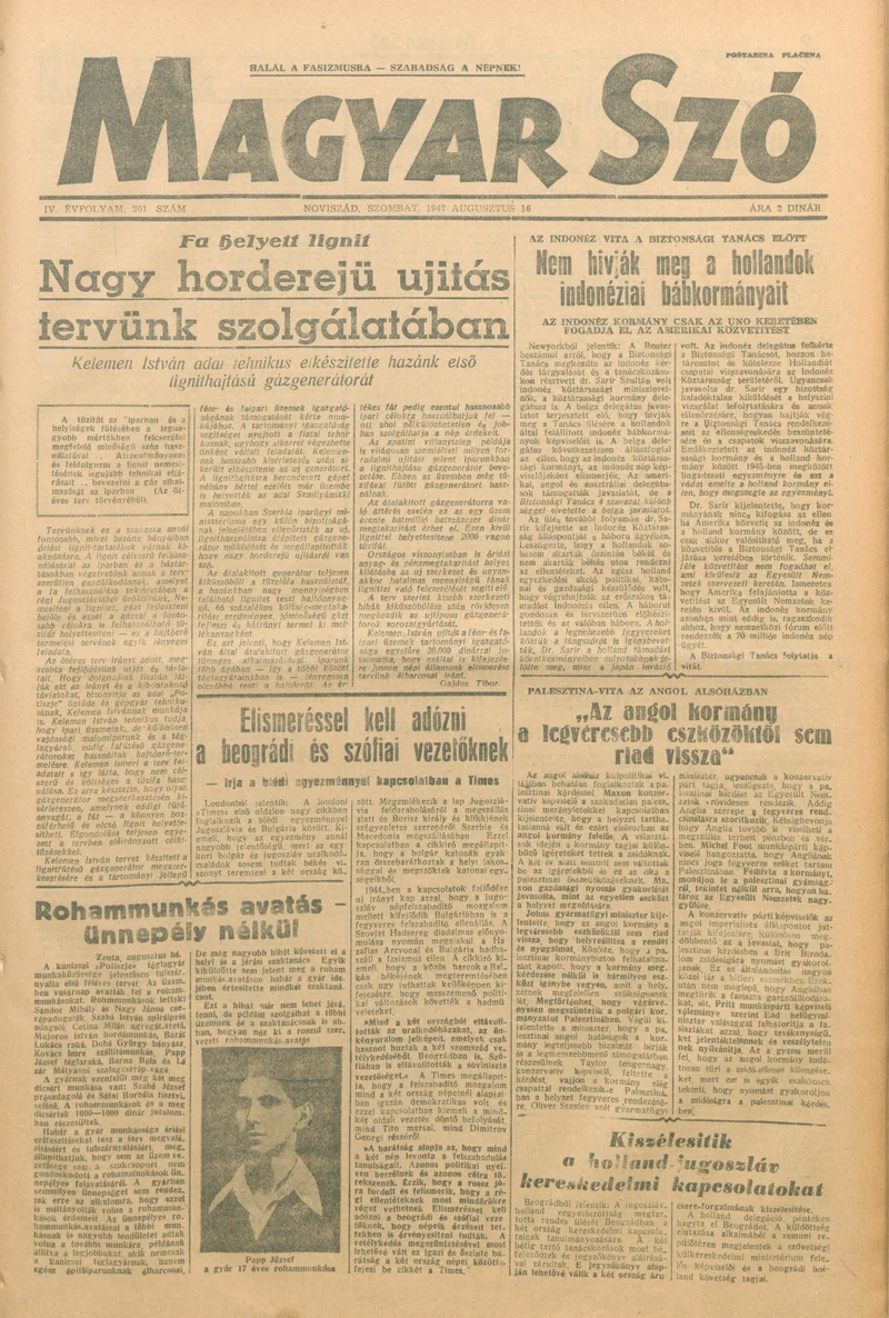 Magyar Szó, 4. évf. 1947. augusztus 16. 201. sz. 1–6. oldal