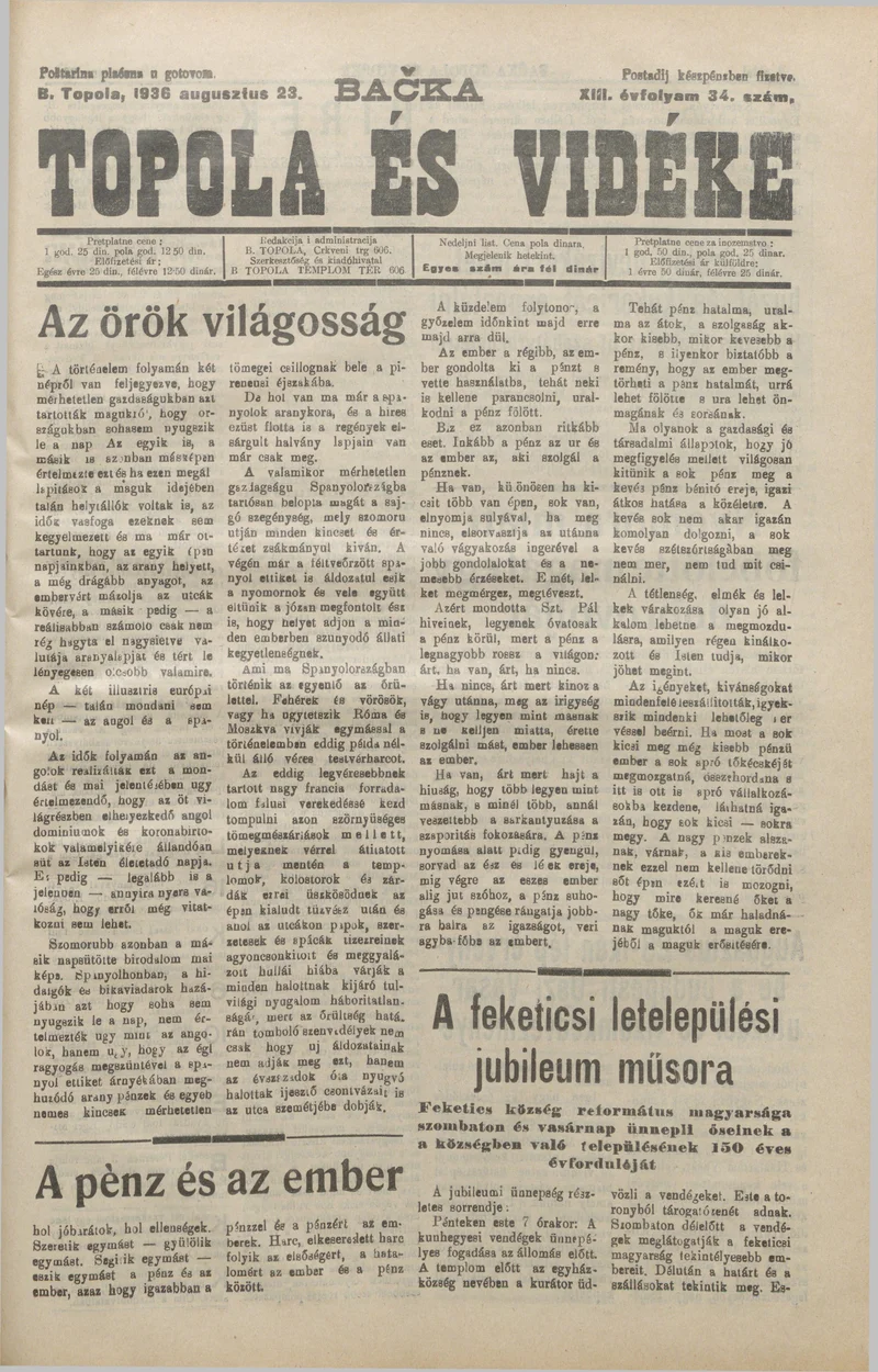 Bačka Topola és Vidéke, 13. évf. 1936. augusztus 23. 34. sz.