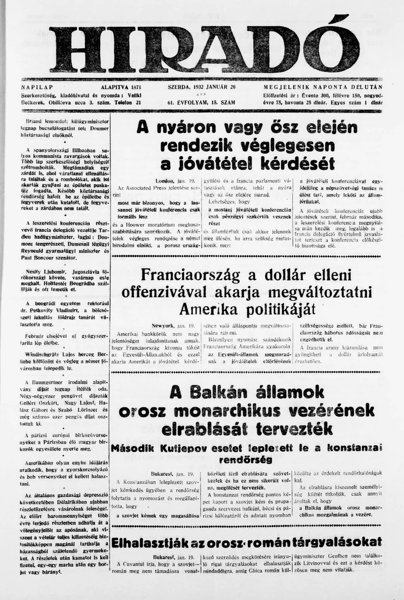 Híradó, 61. évf. 1932. január 20. 15. sz.