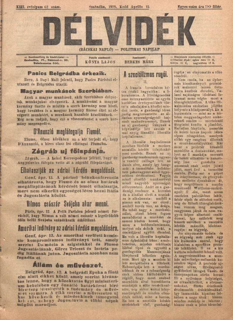 Délvidék, 13. évf. 1919. április 15. 62. sz.