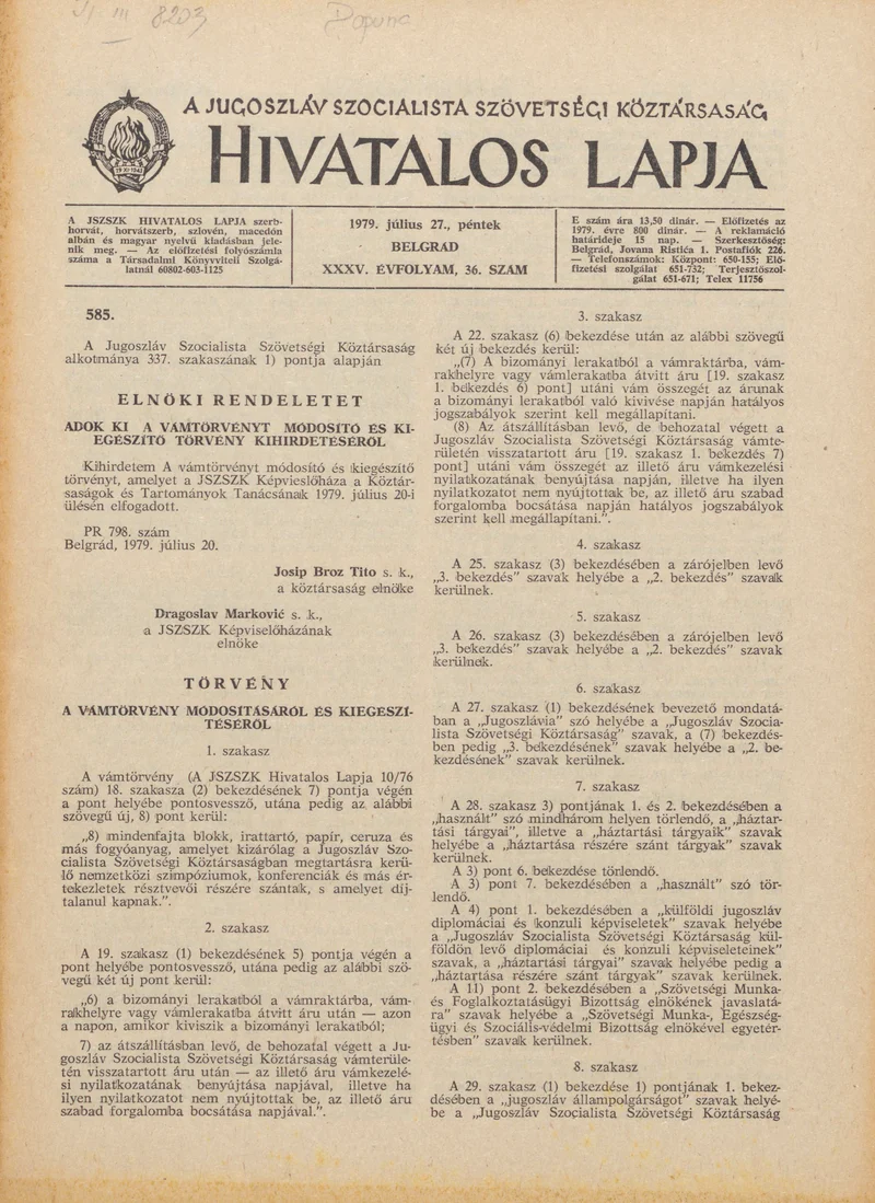 A Jugoszláv Szocialista Szövetségi Köztársaság Hivatalos Lapja, 35. évf. 1979. július 27. 36. sz. 1113–1144. oldal
