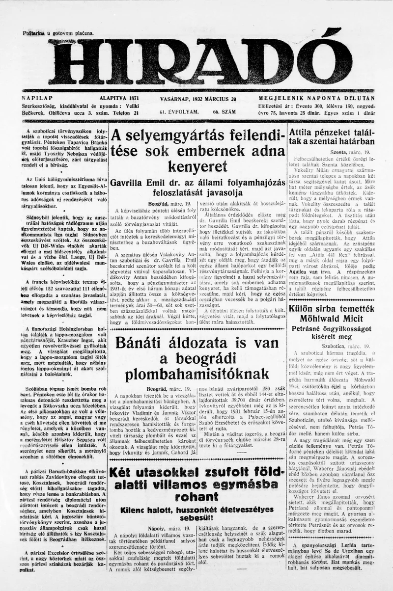 Híradó, 61. évf. 1932. március 20. 66. sz.