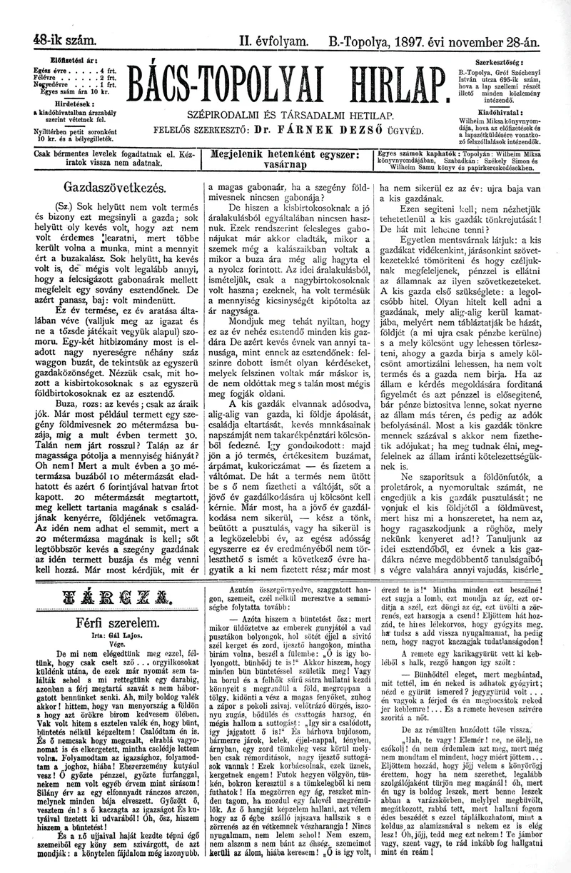 Bács-Topolyai Hirlap, 2. évf. 1897. november 28. 48. sz.