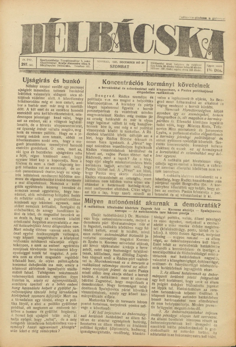 Délbácska, 4. évf. 1923. december 29. 297. sz.