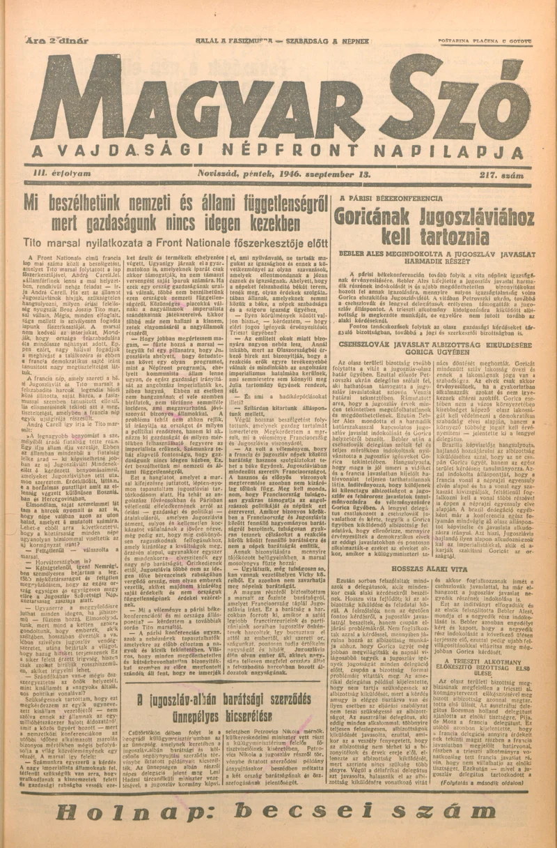 Magyar Szó, 3. évf. 1946. szeptember 13. 217. sz. 1–6. oldal