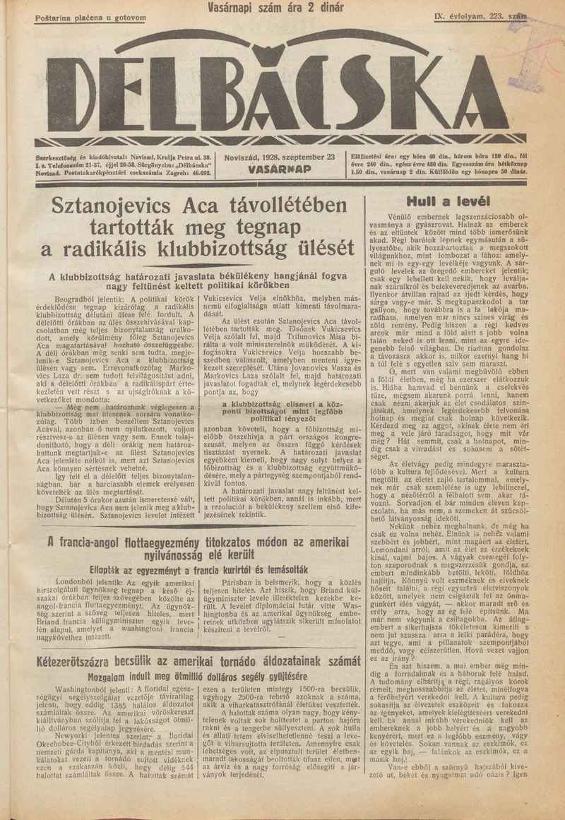 Délbácska, 9. évf. 1928. szeptember 23. 223. sz.