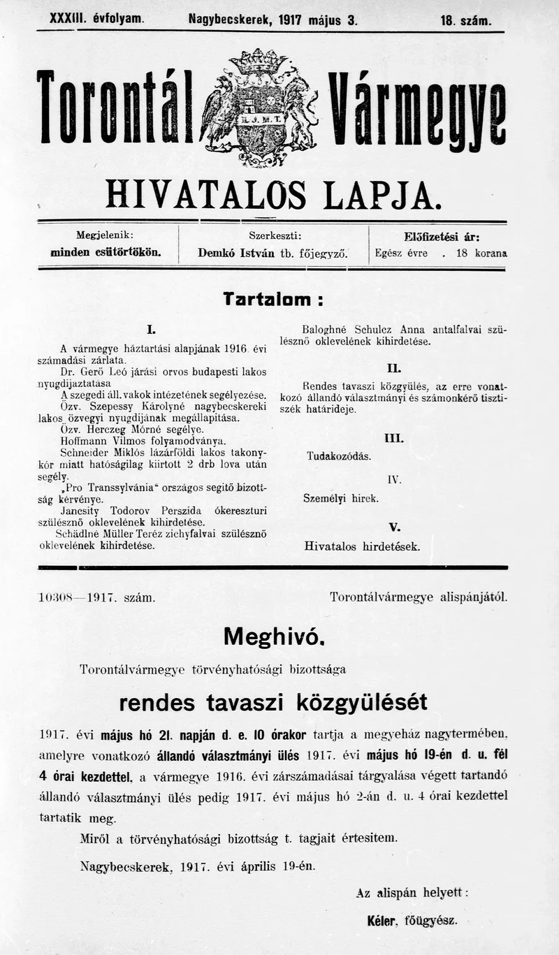 Torontál Vármegye Hivatalos Lapja, 33. évf. 1917. május 3. 18. sz.