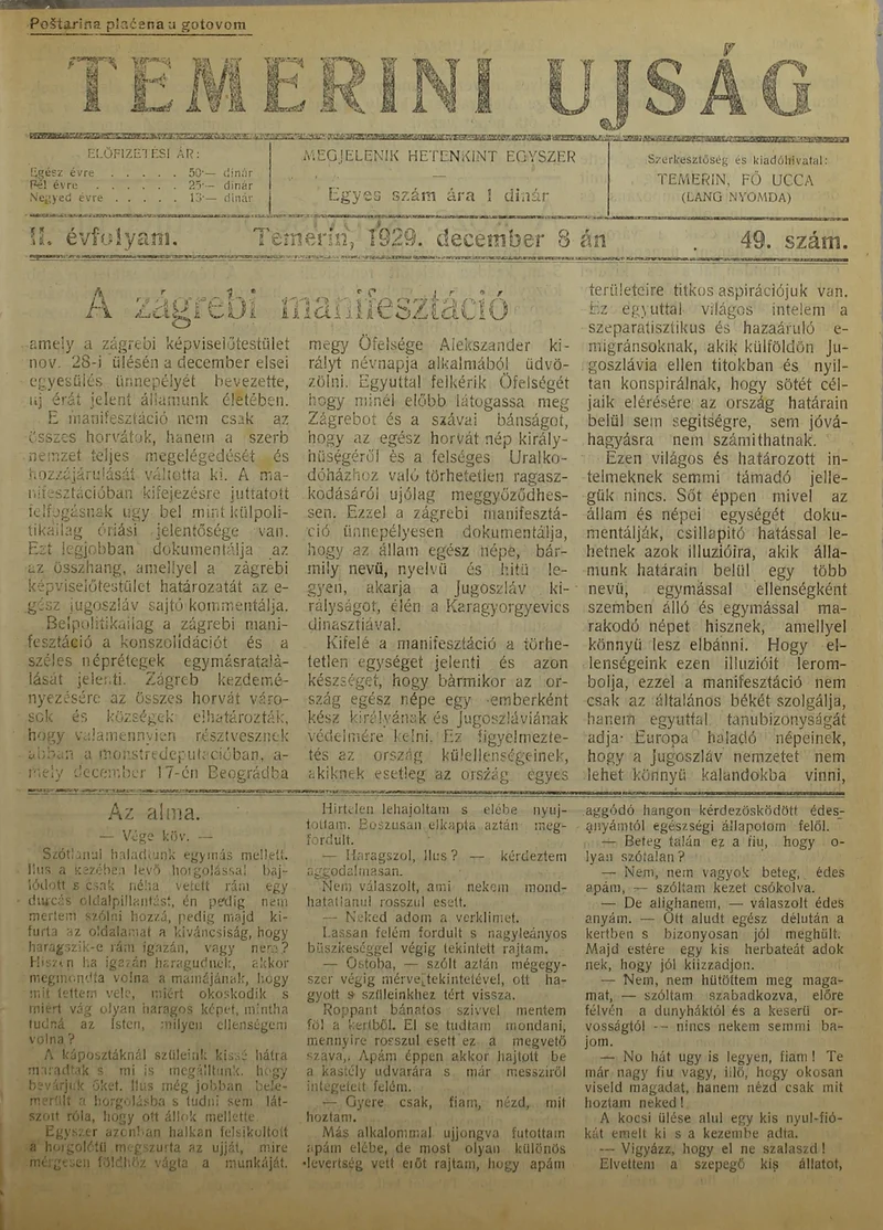 Temerini Újság 1928-1944, 2. évf. 1929. december 8. 49. sz.