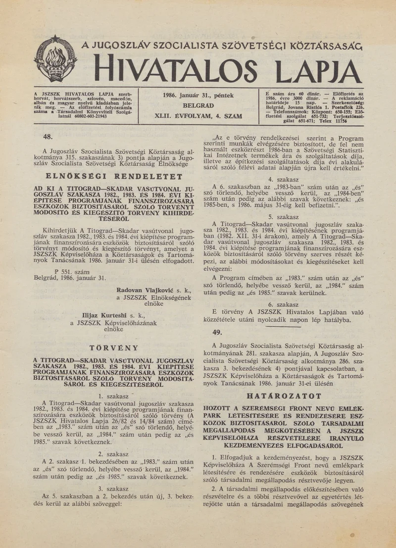 A Jugoszláv Szocialista Szövetségi Köztársaság Hivatalos Lapja, 42. évf. 1986. január 31. 4. sz. 77–108. oldal