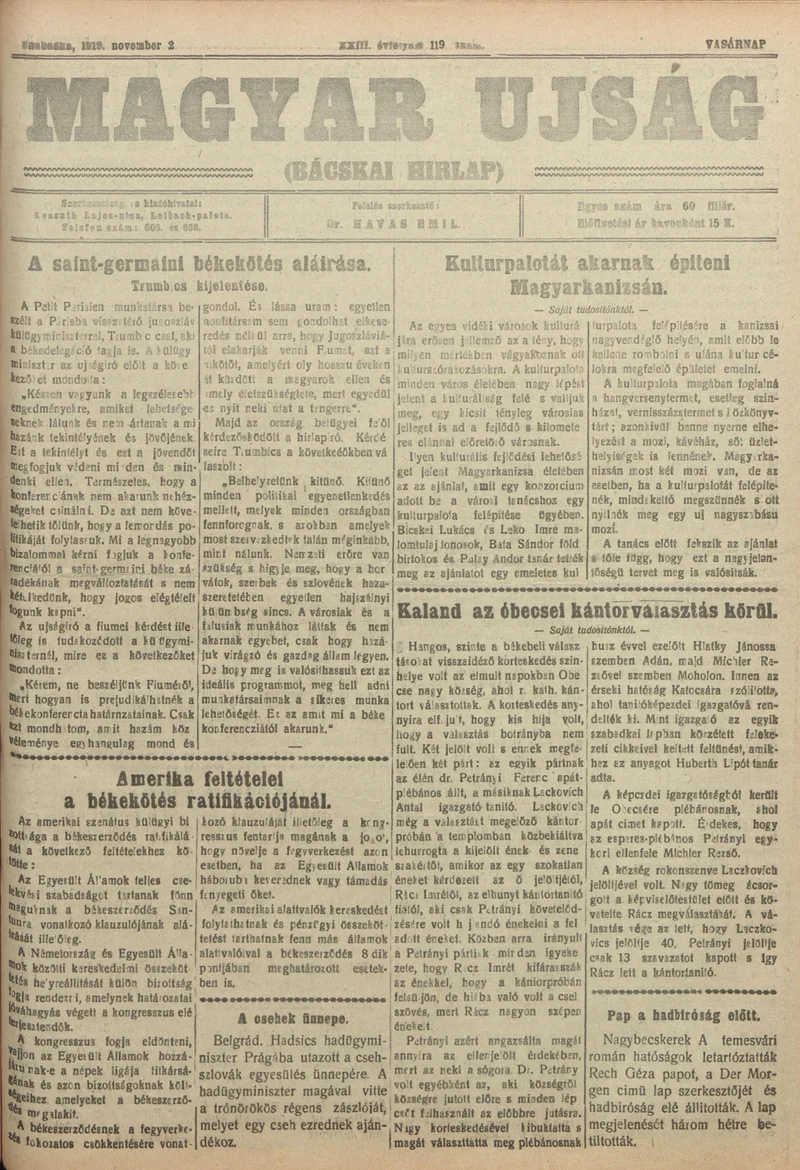 Bácskai Hirlap, 23. évf. 1919. november 2. 119. sz.