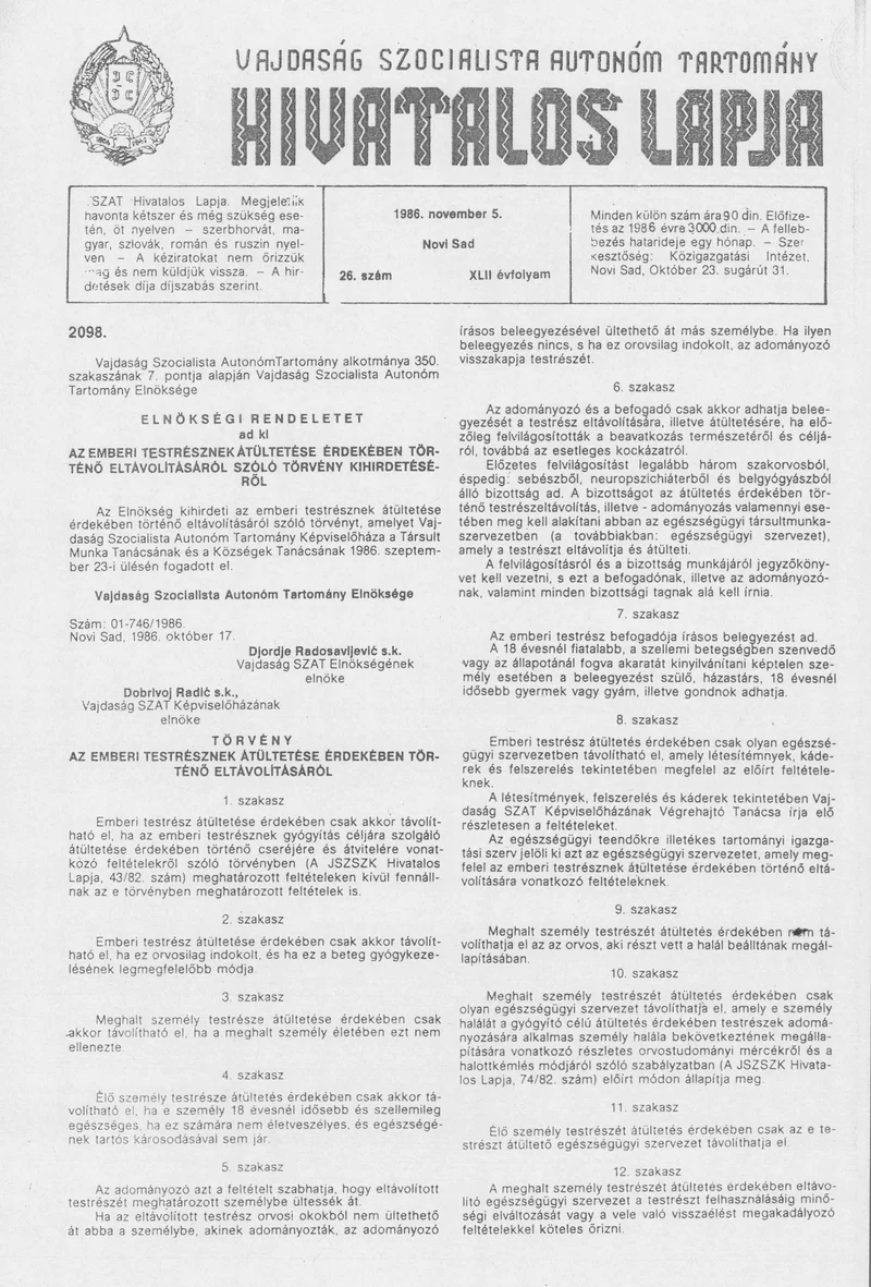 Vajdaság Szocialista Autonóm Tartomány Hivatalos Lapja, 42. évf. 1986. november 5. 26. sz.