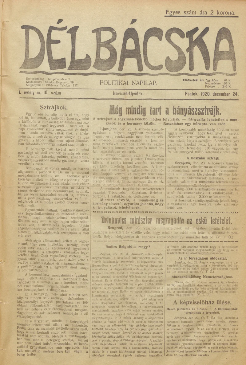 Délbácska, 1. évf. 1920. december 24. 10. sz.