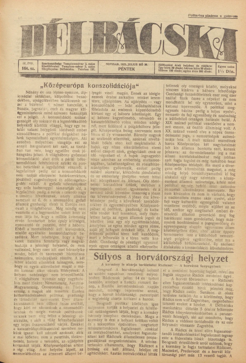 Délbácska, 4. évf. 1923. július 20. 164. sz.