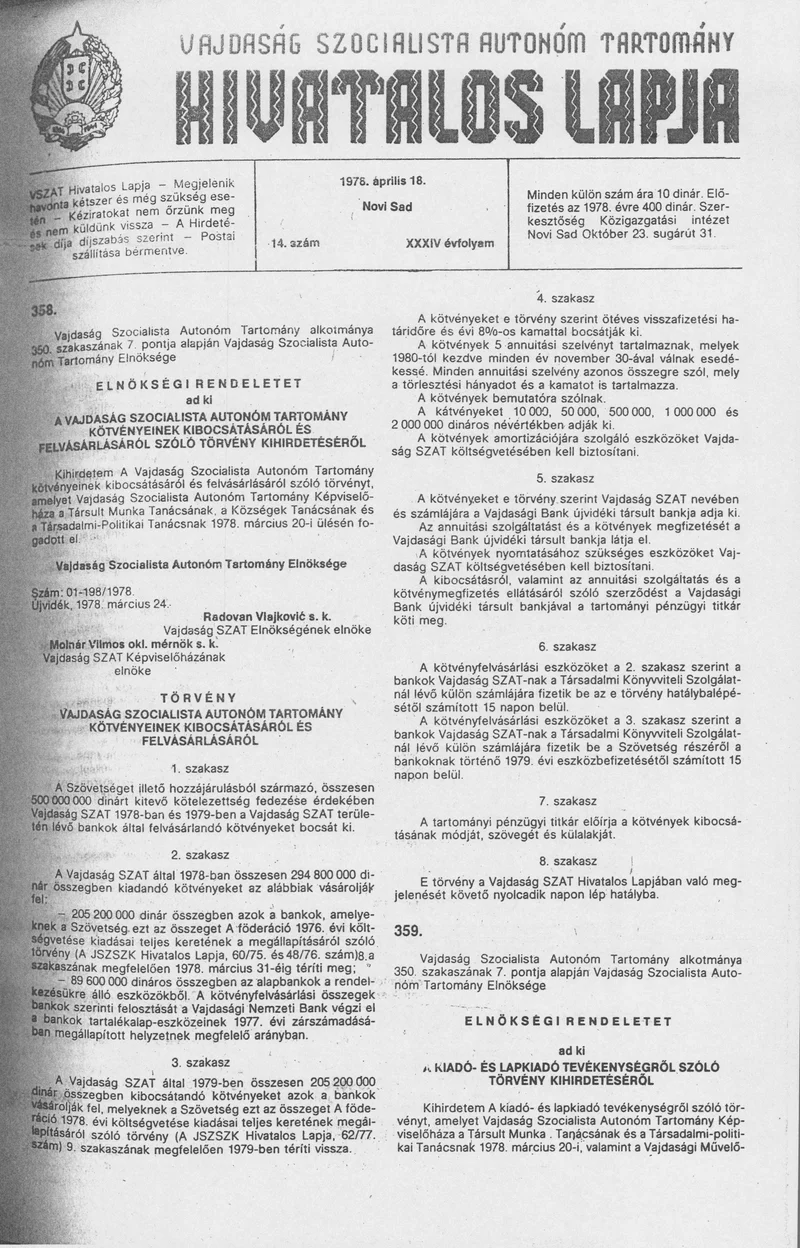 Vajdaság Szocialista Autonóm Tartomány Hivatalos Lapja, 34. évf. 1978. április 18. 14. sz. 533–568. oldal