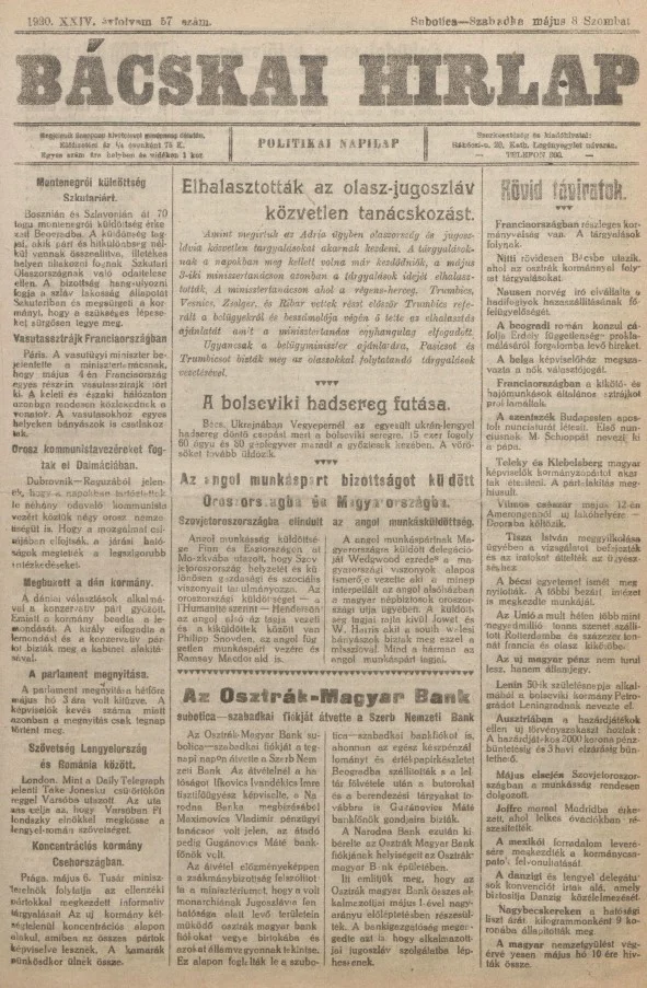 Bácskai Hirlap, 24. évf. 1920. május 8. 57. sz.