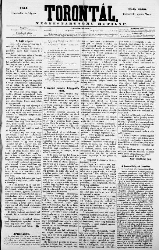 Torontál, 3. évf. 1874. április 9. 15. sz.