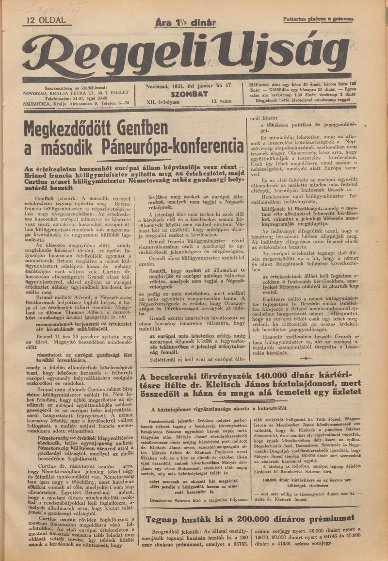 Reggeli Újság, 12. évf. 1931. január 17. 13. sz.