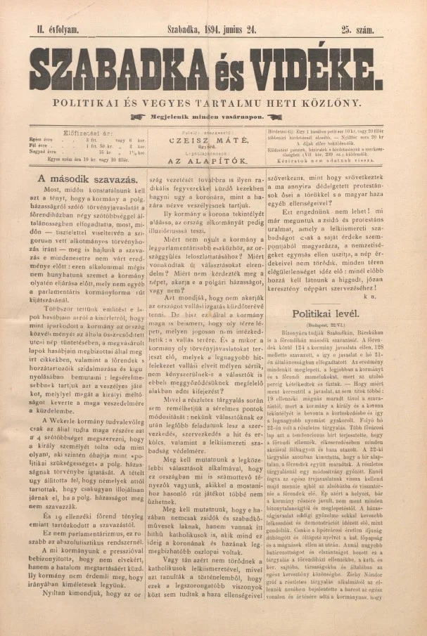 Szabadka és vidéke II, 2. évf. 1894. június 24. 25. sz.
