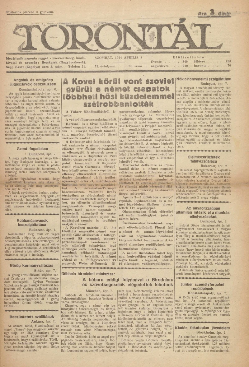 Torontál, 73. évf. 1944. április 8. 80. sz.