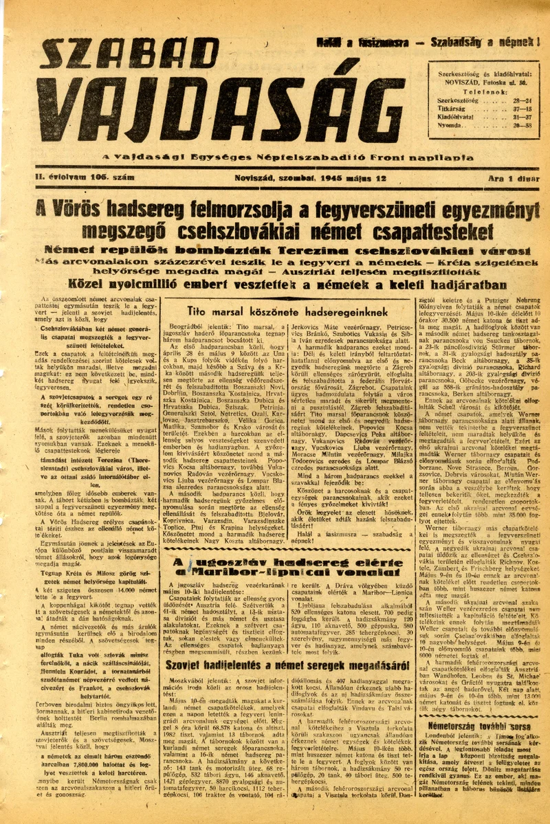 Szabad Vajdaság, 2. évf. 1945. május 12. 105. sz.