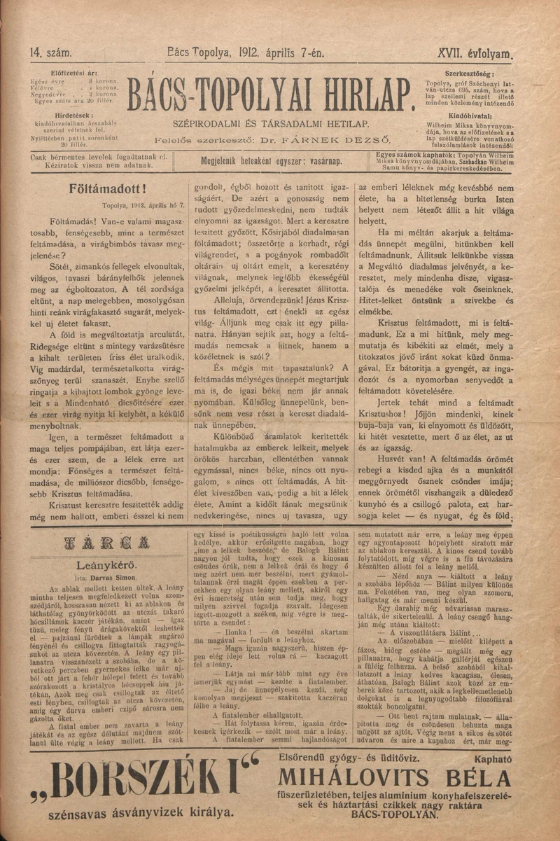 Bács-Topolyai Hirlap, 17. évf. 1912. április 7. 14. sz.