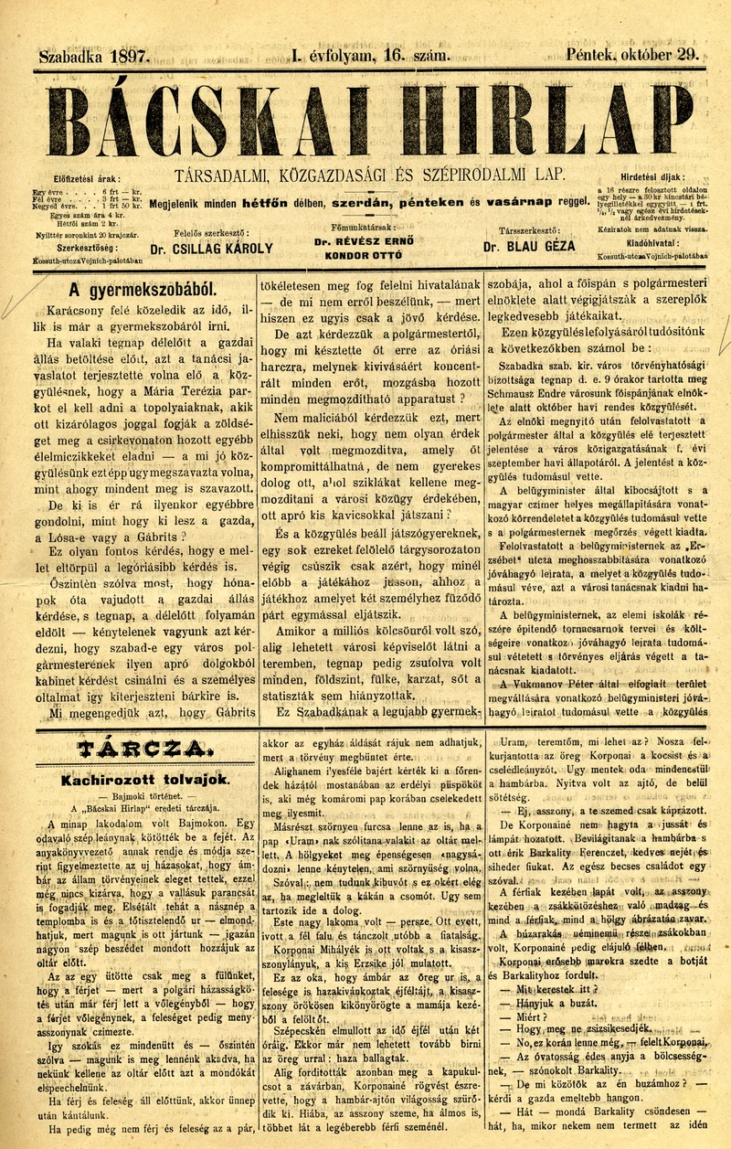 Bácskai Hirlap, 1. évf. 1897. október 29. 16. sz. 1–4. oldal