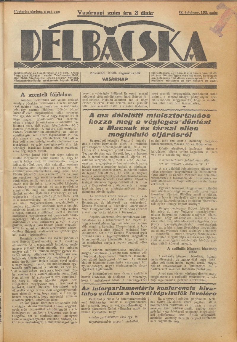 Délbácska, 9. évf. 1928. augusztus 26. 199. sz.