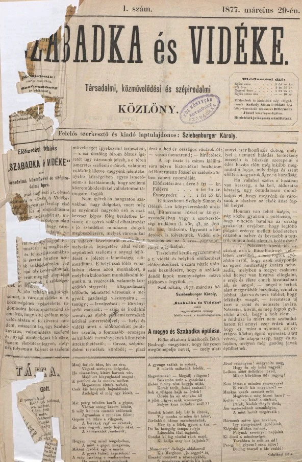 Szabadka és vidéke, 1. évf. 1877. március 29. 1. sz.