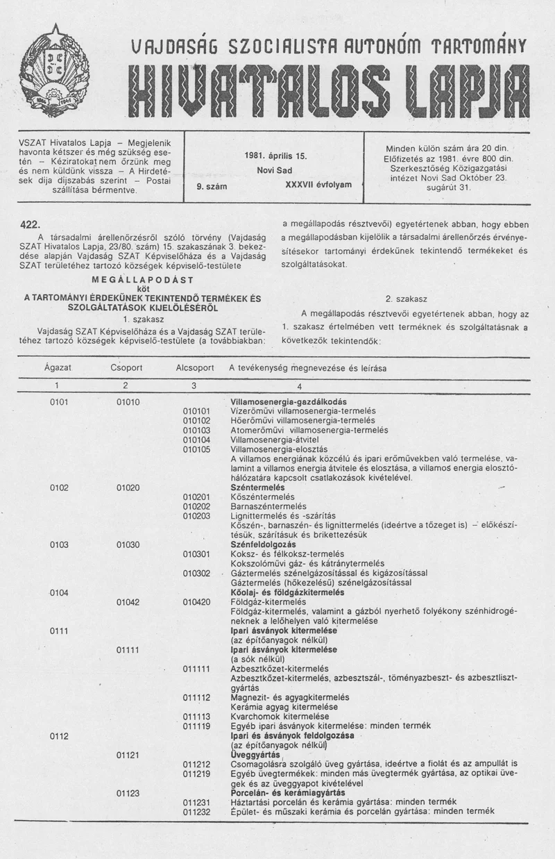 Vajdaság Szocialista Autonóm Tartomány Hivatalos Lapja, 37. évf. 1981. április 15. 9. sz.